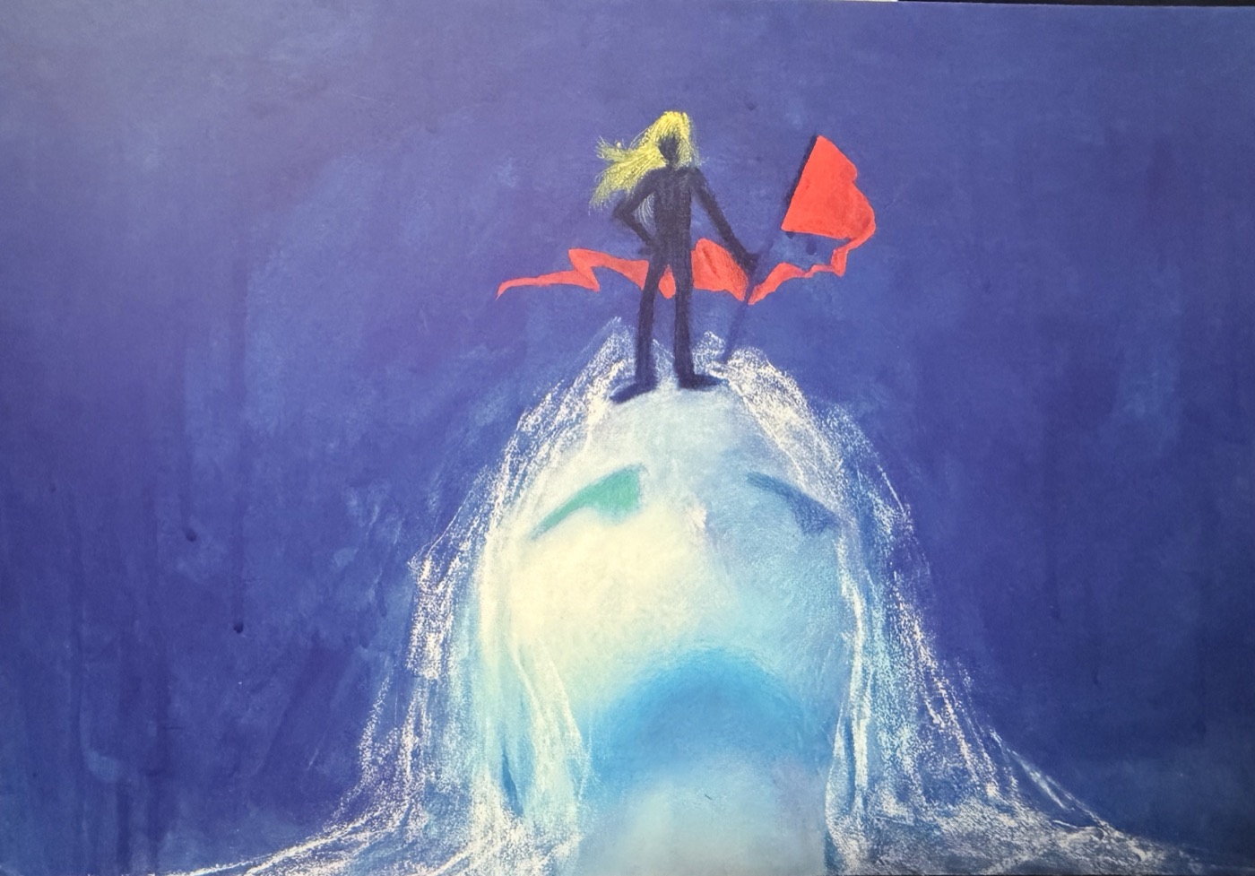 GOD SHIFT keyart — a caped figure standing on a giant submerged face